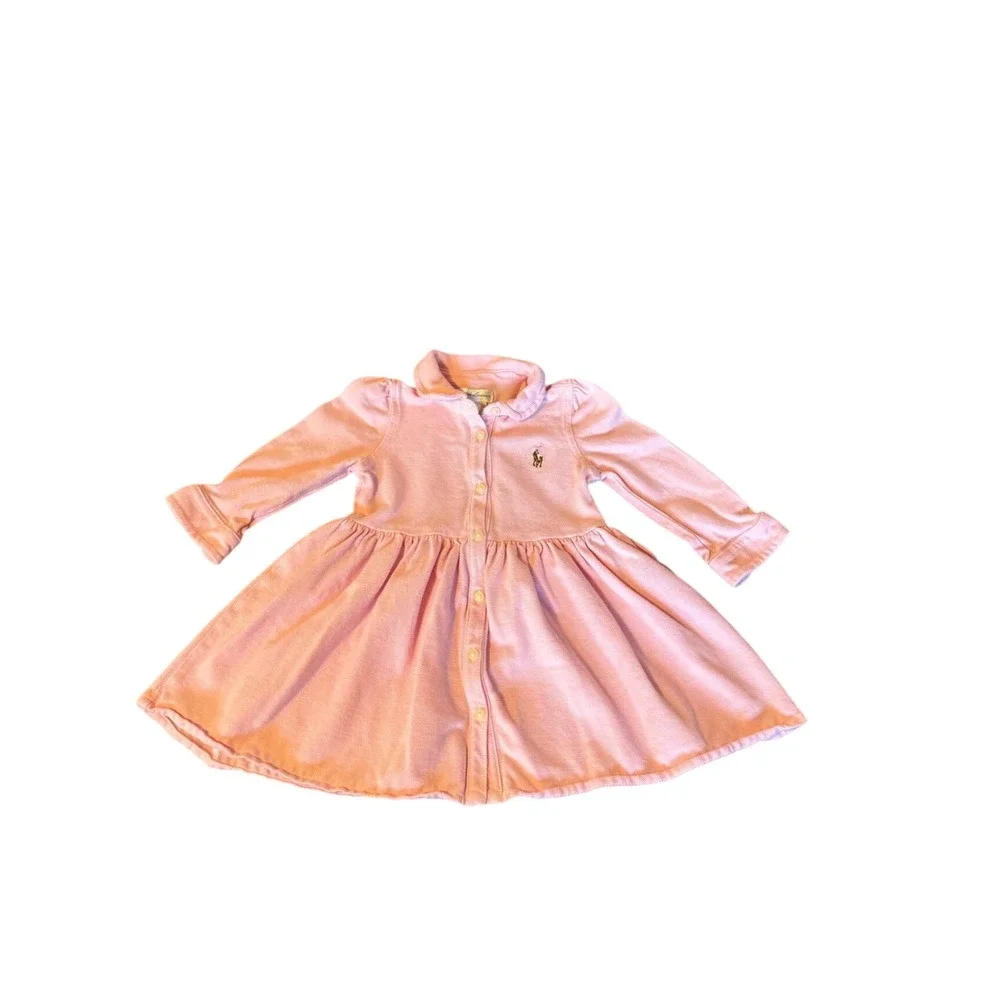 Ralph Lauren Baby Girls Pink Cotton Pique Polo Button Front Dress 9M Long Sleeve